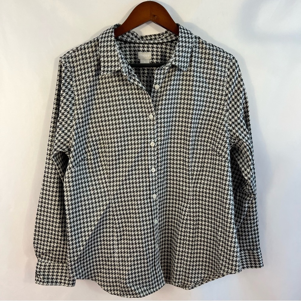 Chico's 3 No-Iron Coolmax All-Seasons Stretch Houndstooth Shirt Size 16 Black